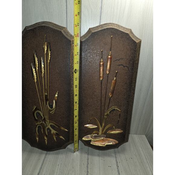 Vintage 70s Brass Wood Cattail Wall Plaques Set Of 2 Mid Century Modern - Picture 9 of 11